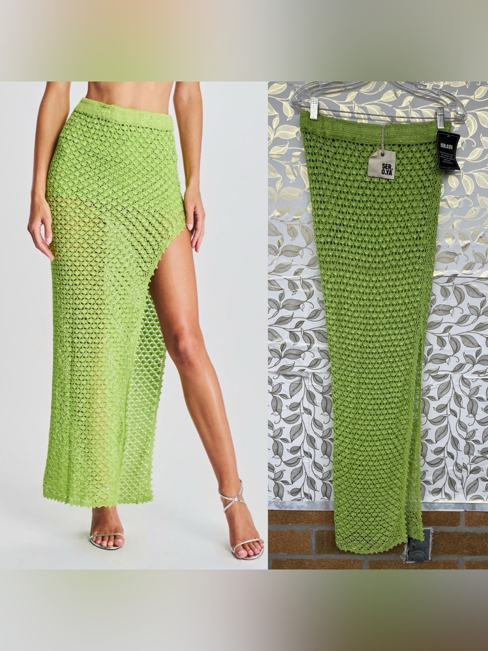 SER.O.YA Lime Green Crochet Maxi Skirt Boho Mermaidcore Slit XS/S